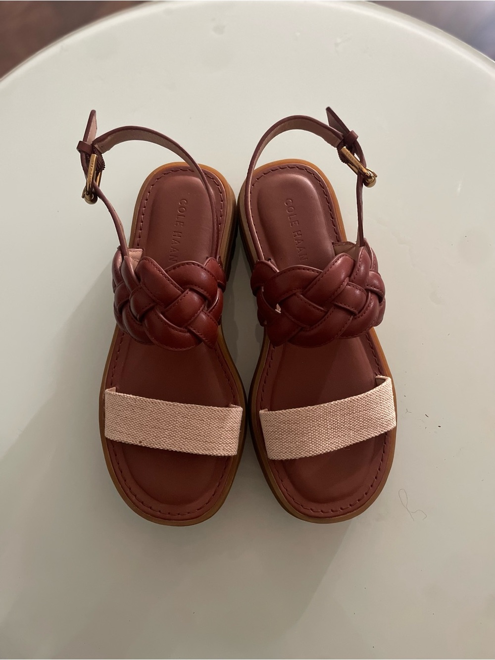 Cole Haan Braided Leather Slingback Sandals in Brown and Cream